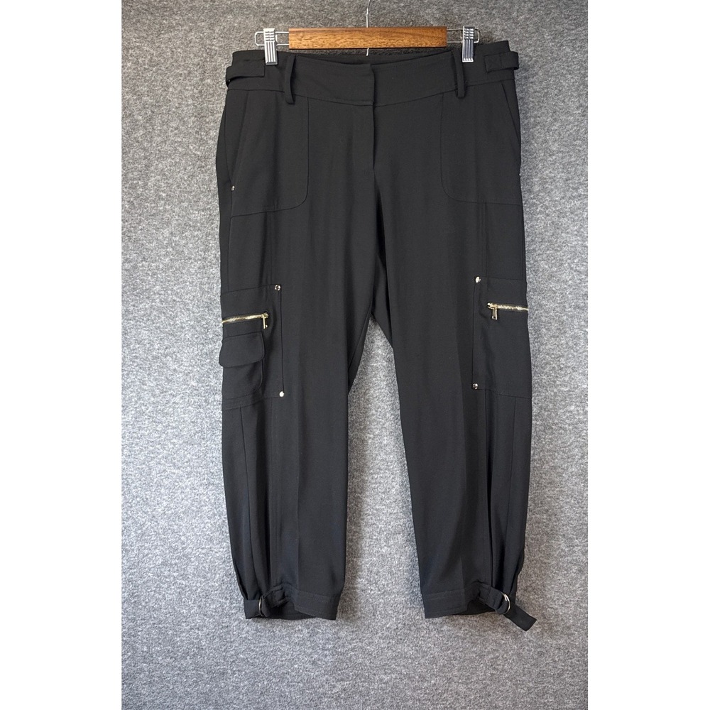 Cache Cargo Pants Women 6 Black Cropped Buckle Cuffs Gold Hardware Chic Upscale